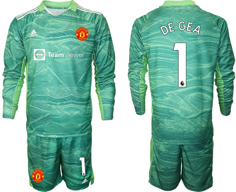 Men 2021-2022 Club Manchester United green goalkeeper Long Sleeve #1 Soccer Jersey->manchester united jersey->Soccer Club Jersey